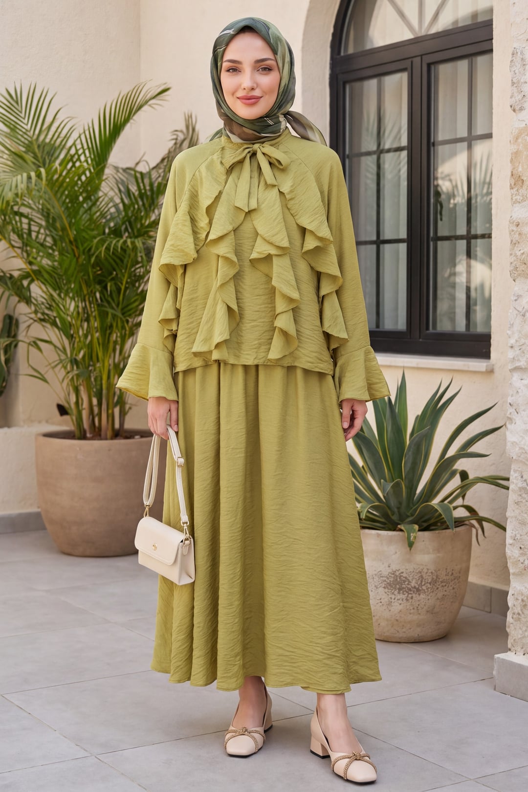 Tie-Neck Ruffle Detail Lined Tulle Modal Modest Set – Olive Green - Podyumplus - by Peralane