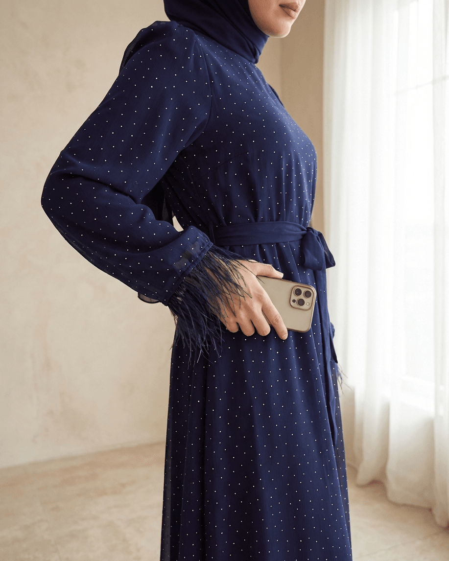 Feathered Sleeve Embellished Belted Dress - Navy - Podyumplus - by Peralane - photo 2