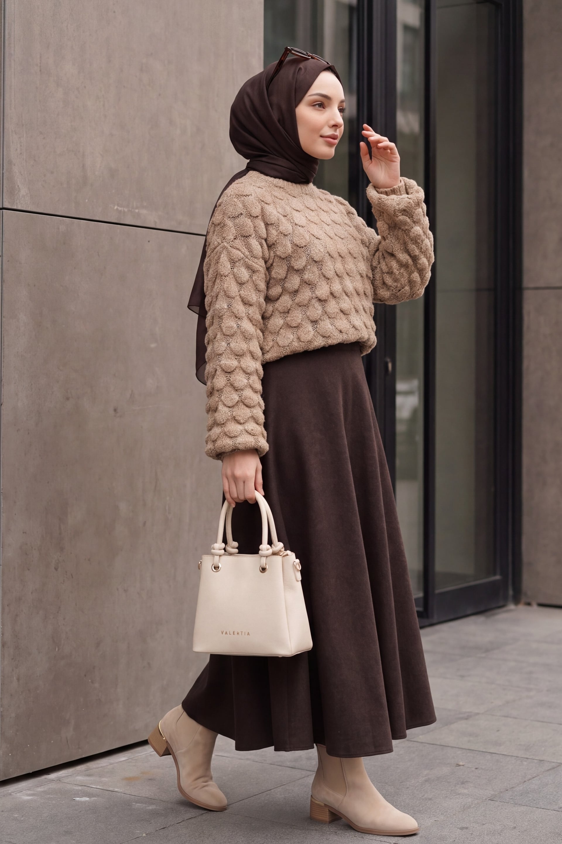 Crew Neck Fish Scale Pattern Relaxed Fit Knit Sweater - Mink - Podyumplus - by Peralane - photo 4