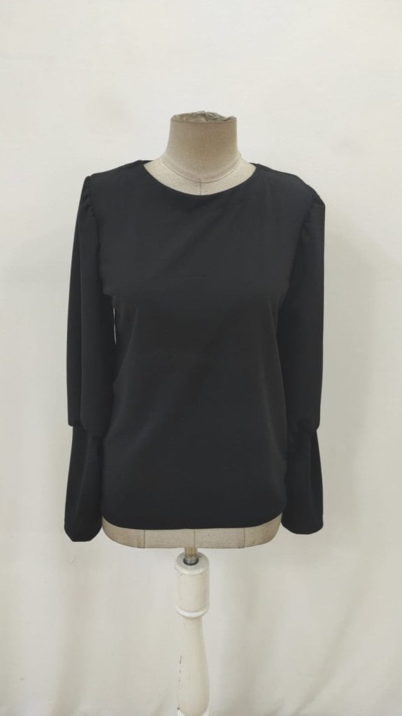 Women's Black Long-Sleeved Round Neck Crepe Blouse with Buttons - Janes - by Peralane - photo 7