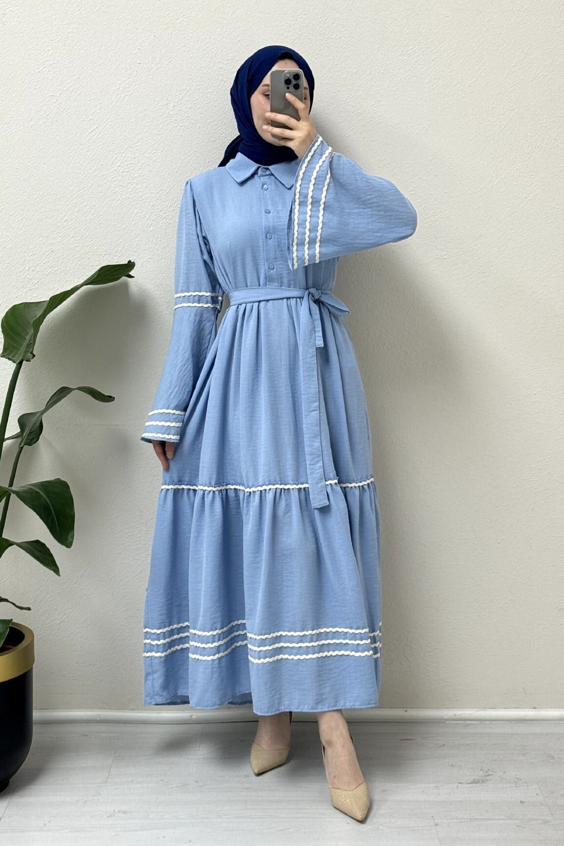 Light Blue Tiered Dress with Bell Sleeves and White Trim - Podyumplus - by Peralane