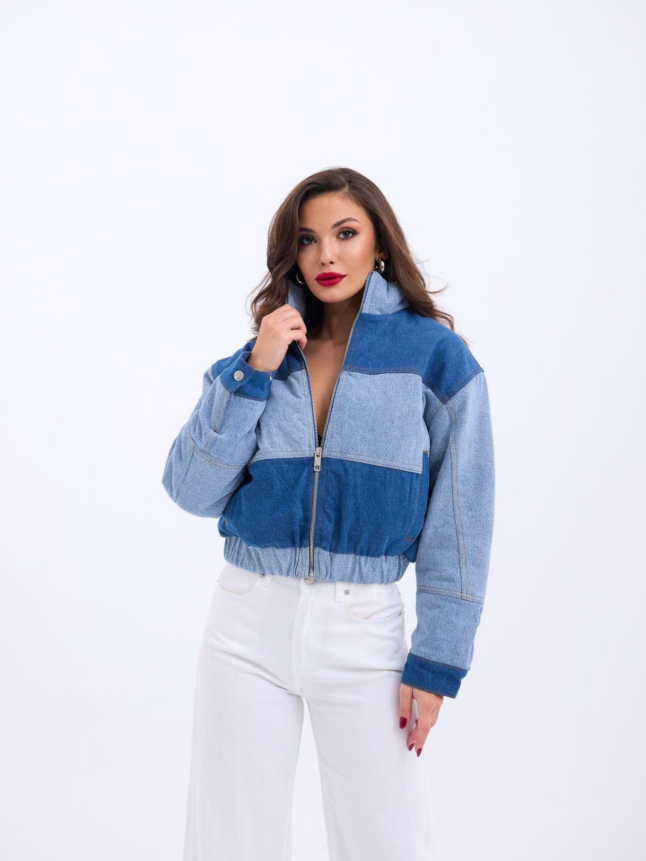 Women's Color Block Denim Jacket with Zip Front - Blue - Fame - by Peralane - photo 4
