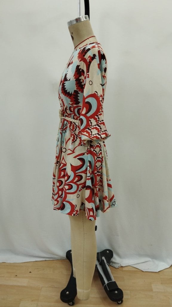 Women's Short Balloon Sleeve Round Neck Pleated Patterned Mini Dress - Janes - by Peralane - photo 4