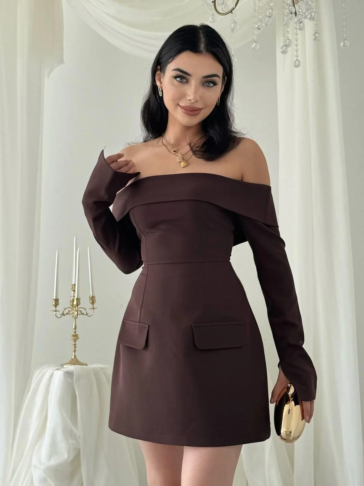 Dark Brown Off-Shoulder Long Sleeve Dress with Flared Skirt - Etika - by Peralane - photo 3