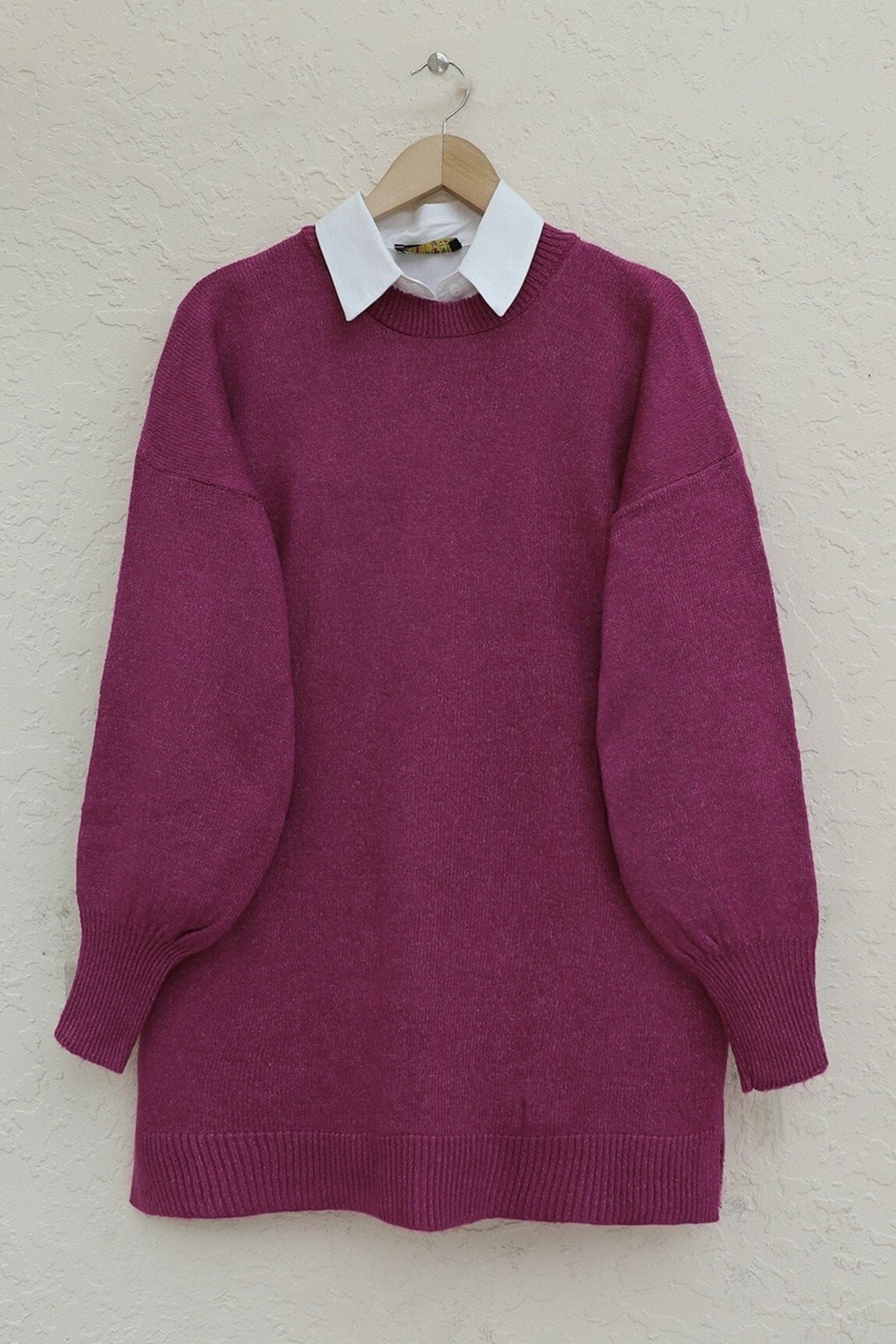 Round Neck Balloon Sleeve Loose Knit Sweater - Dark Purple - Podyumplus - by Peralane