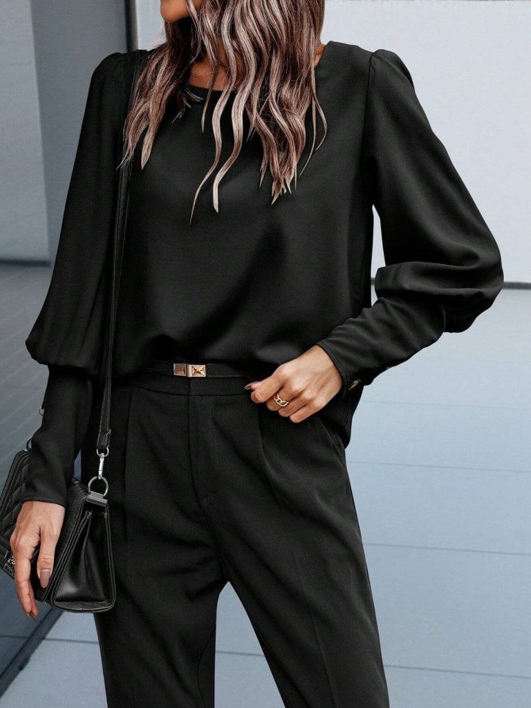 Women's Black Long-Sleeved Round Neck Crepe Blouse with Buttons - Janes - by Peralane