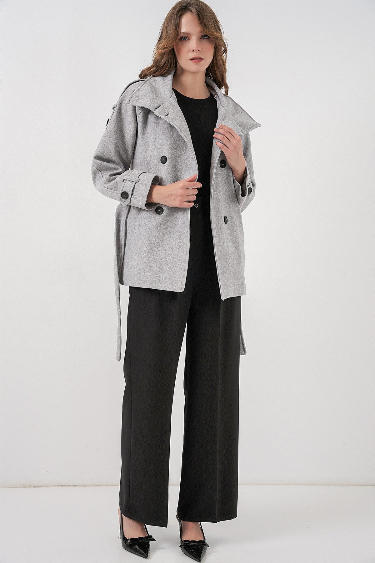 Women's Belted Double-Breasted Wool-Blend Coat - Light Grey - Bigdart - by Peralane