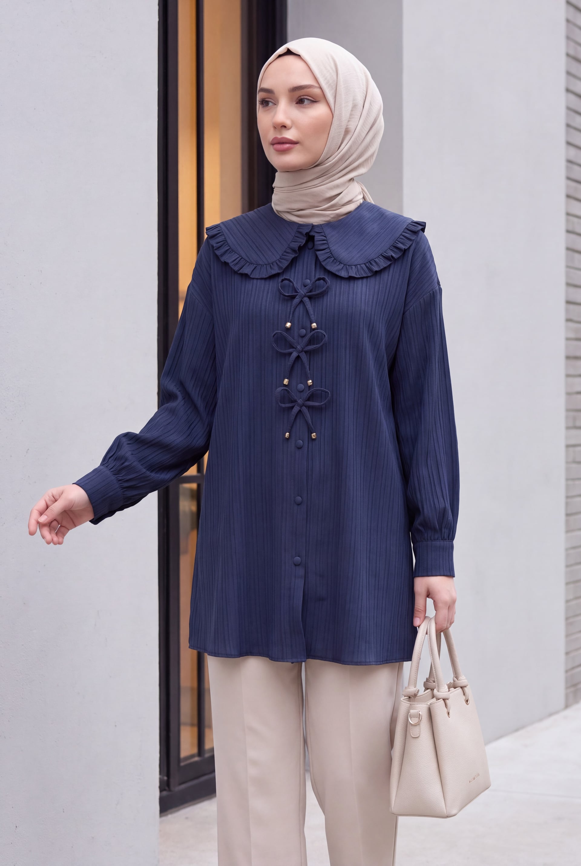 Navy Blue Ribbon Detail Buttoned Apron Collar Tunic - Podyumplus - by Peralane - photo 2