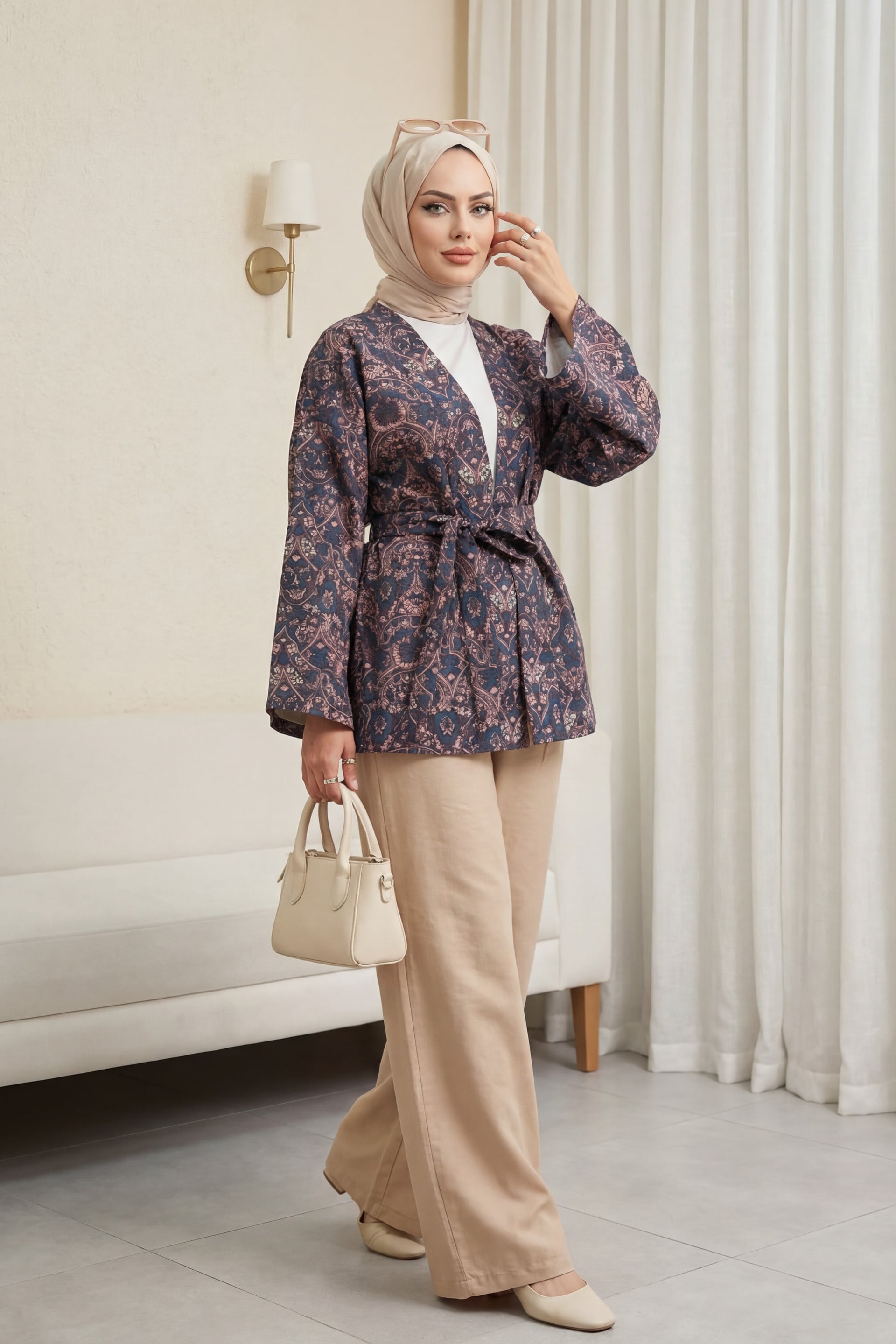 Women's Digital Print Belted Quilted Kimono - Dark Navy - Podyumplus - by Peralane - photo 2