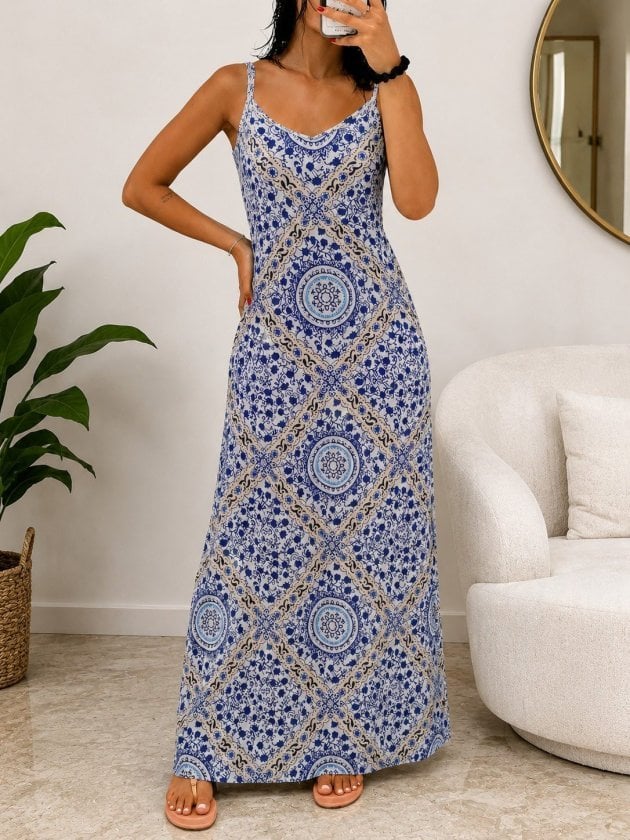 Women's Spaghetti Strap V-Neck Printed Maxi Dress - Janes - by Peralane - photo 3