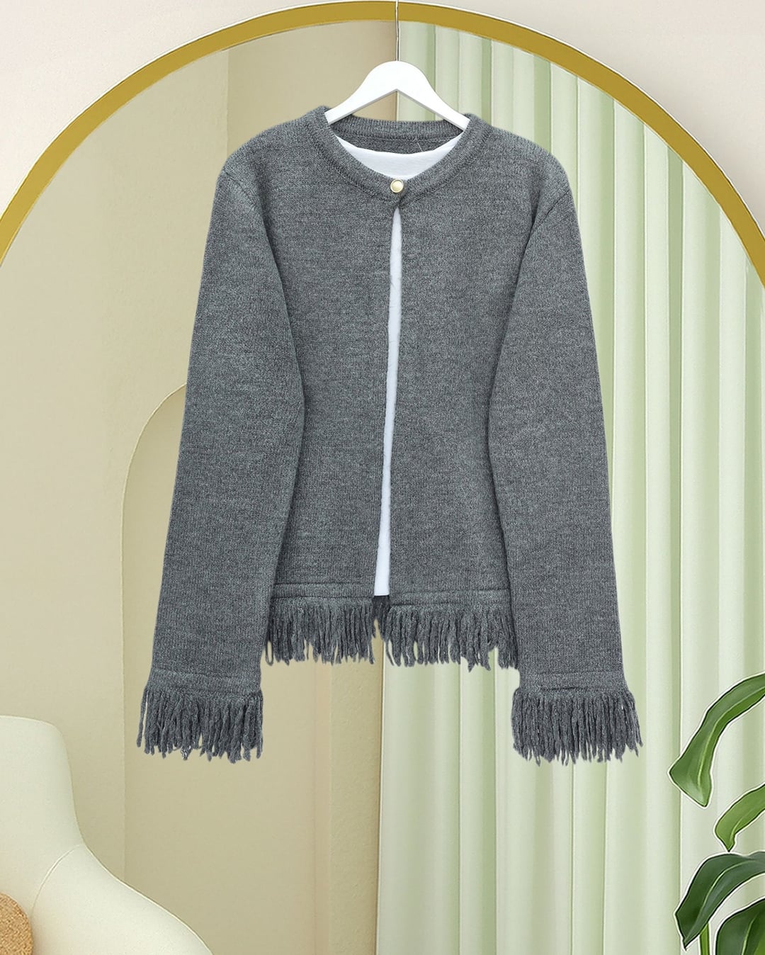 Single Button Fringe Soft Knit Cardigan - Smoke - Podyumplus - by Peralane - photo 7