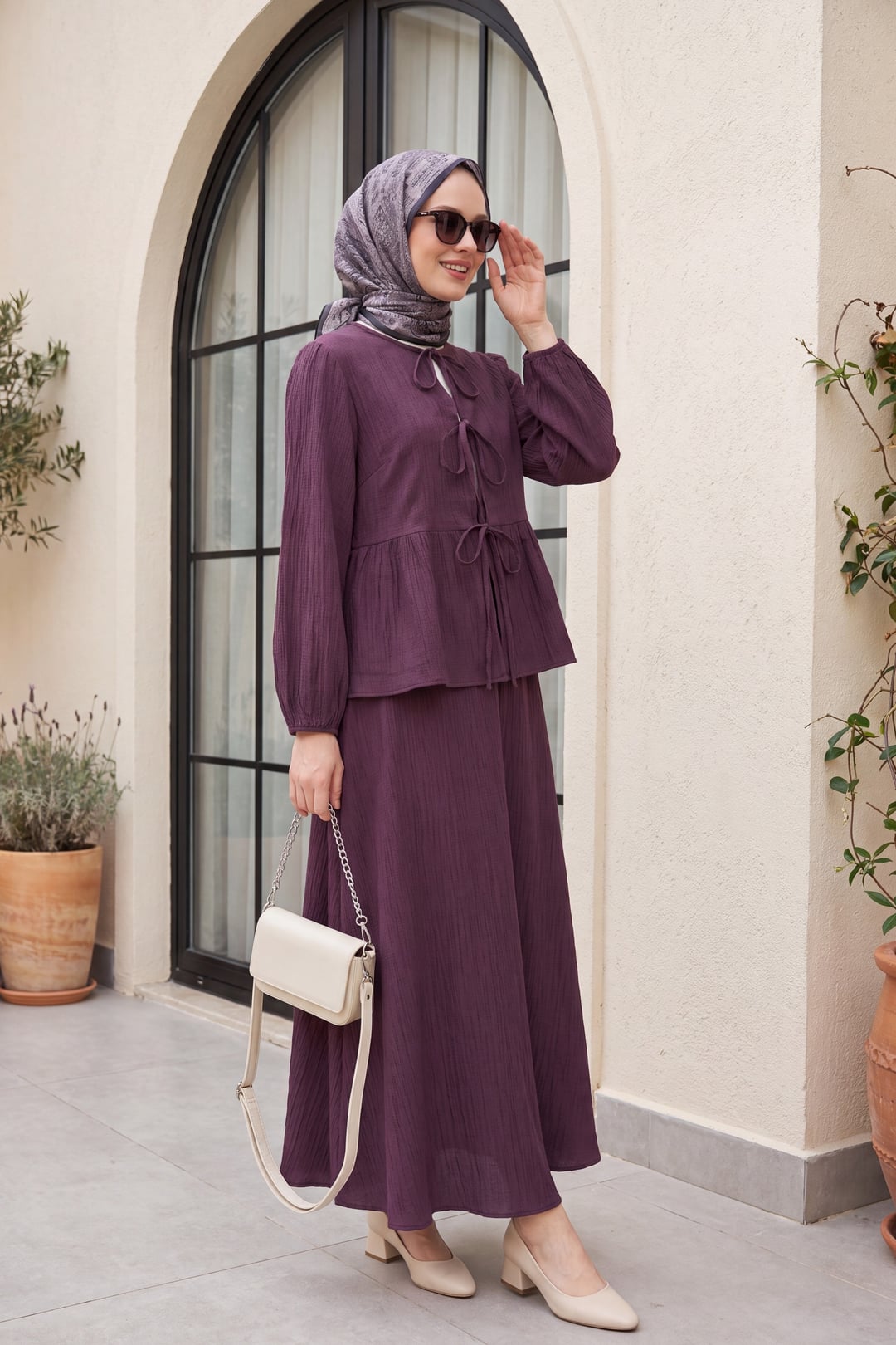 Front Tie, Elasticated Sleeve, Crinkled Two-Piece Set with Tunic and Maxi Skirt | Deep Plum - Podyumplus - by Peralane - photo 3