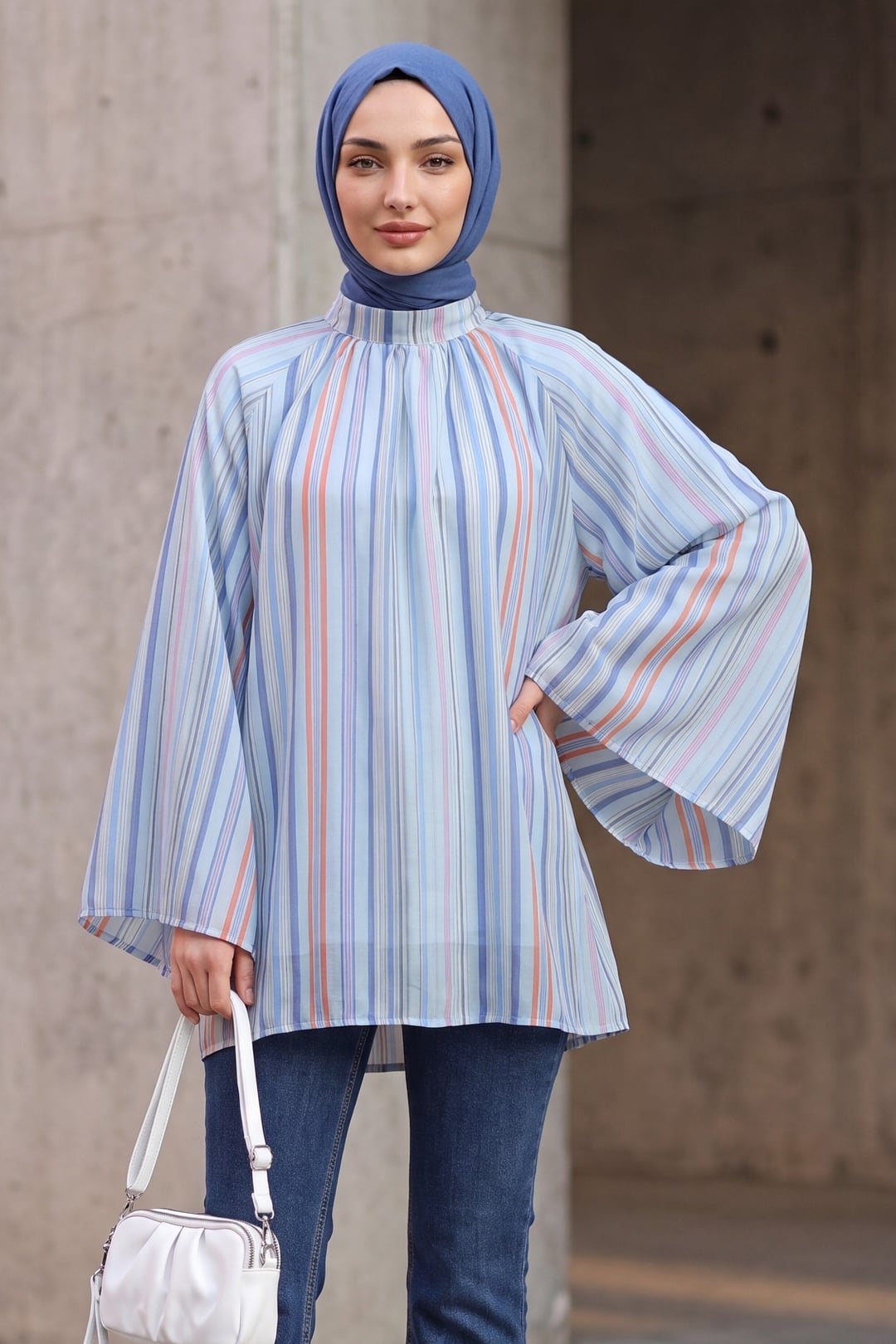 Light Blue Striped Lined Oversize Voile Tunic - Podyumplus - by Peralane