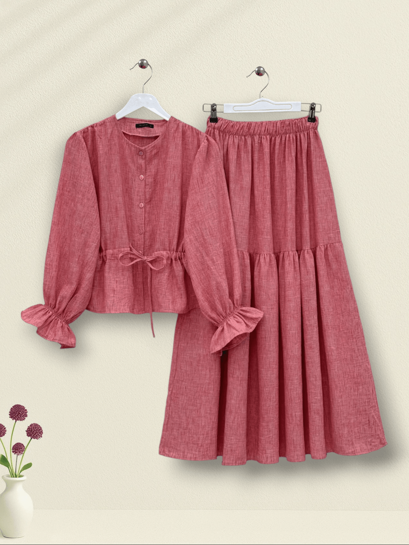 Dusty Rose Button-Front Tie-Waist Linen Look Two-Piece Set (Blouse and Skirt) - Podyumplus - by Peralane - photo 5