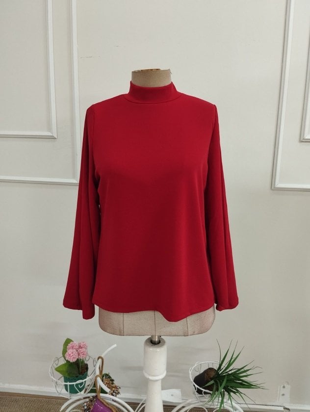 Women's Red Batwing Sleeve Turtleneck Crepe Blouse - Janes - by Peralane - photo 4