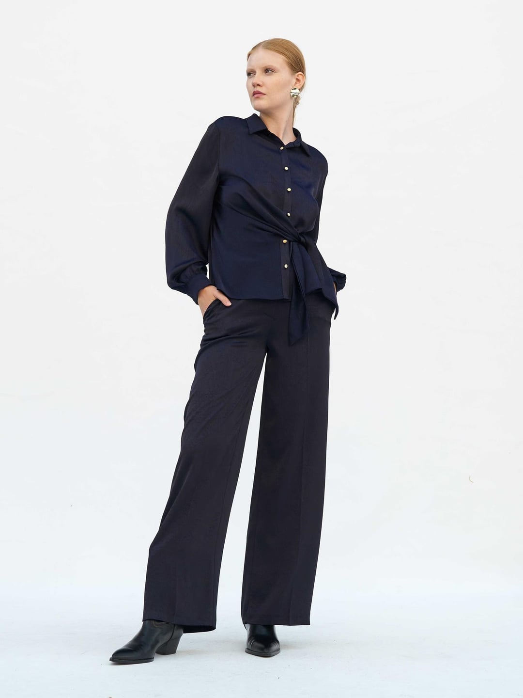 Navy Satin Wide-Leg Trousers with Belt - Lefon - by Peralane - photo 4