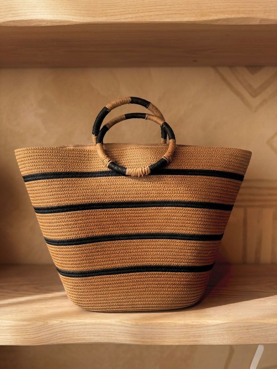 NWC-1115 Camel Black Striped Straw Tote Bag - Nesvay - by Peralane