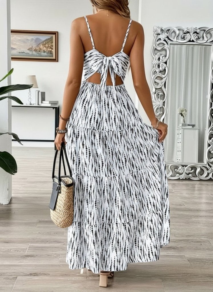 Women's White Maxi Dress with Black Abstract Print, Spaghetti Straps, V-Neck, Tie Back - Janes - by Peralane - photo 4