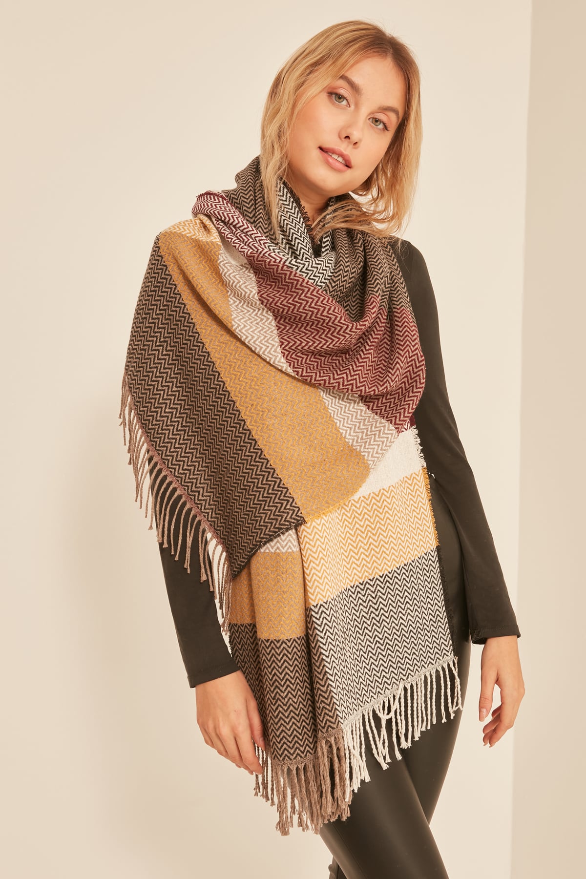 Women's Geometric Zig-Zag Patterned Scarf in Burgundy, Mustard, Cream and Brown - Nesvay - by Peralane