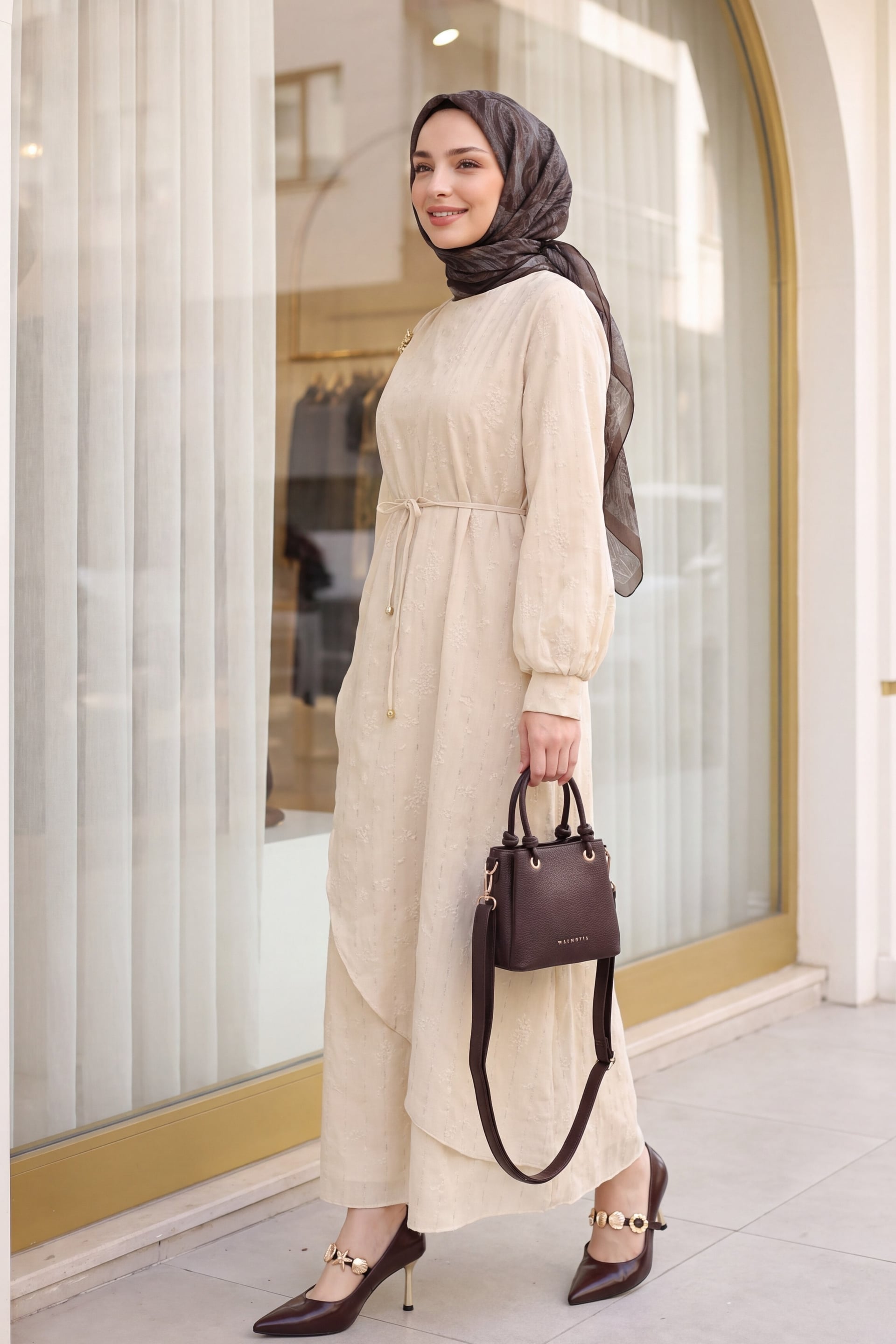 Double Layer Tie Waist Brooch Lined Linen Look Dress - Beige - Podyumplus - by Peralane - photo 3