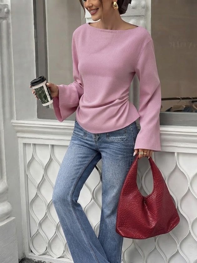 Women's Long Sleeve Boat Neck Ruched Side Blouse - Pink - Janes - by Peralane - photo 2