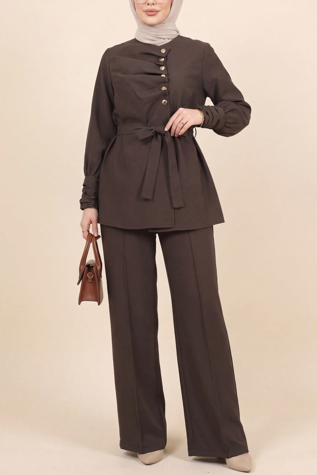 Cupra Two-Piece Set with Tunic Top and Wide-Leg Trousers - Brown - Podyumplus - by Peralane - photo 2