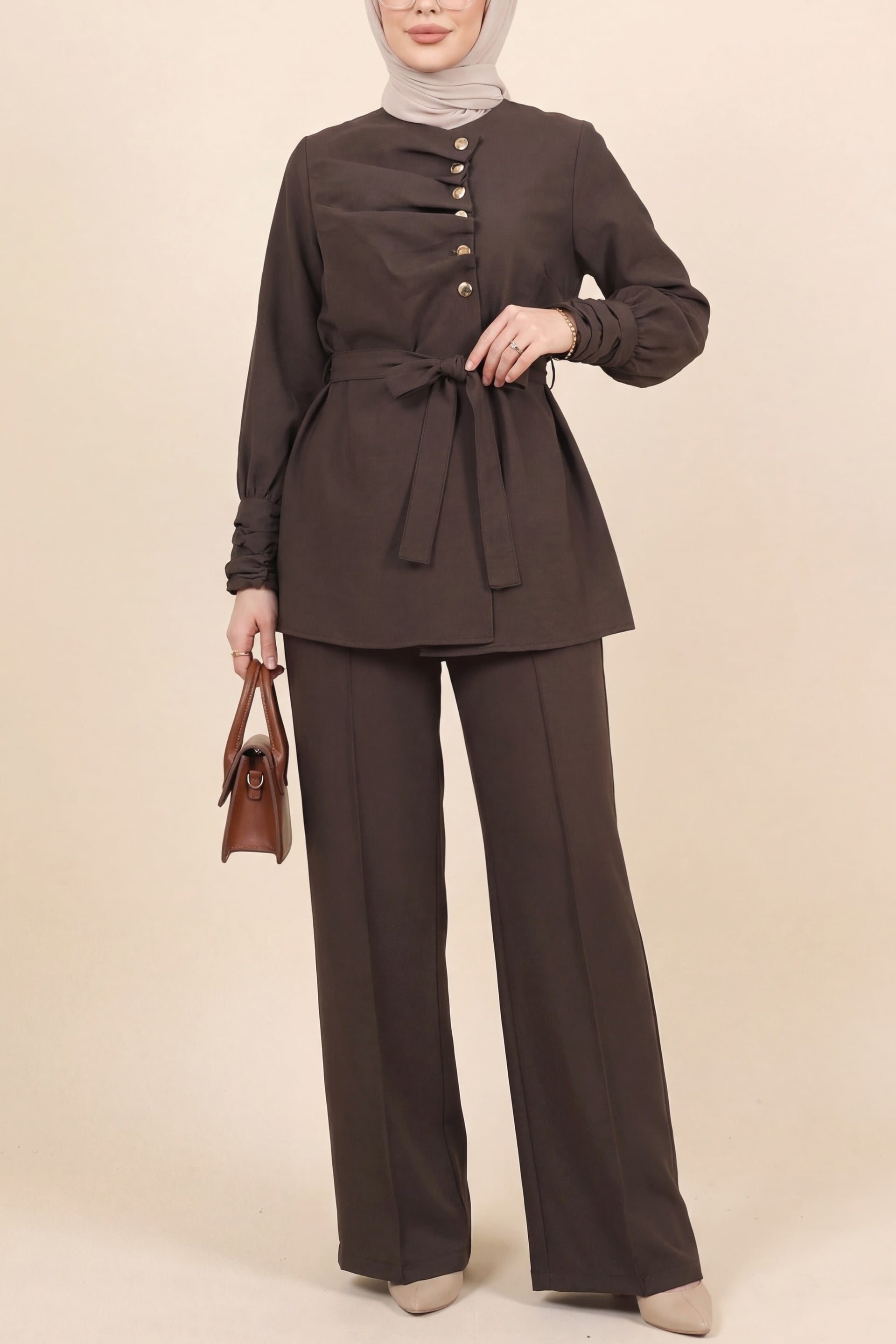 Cupra Two-Piece Set with Tunic Top and Wide-Leg Trousers - Brown - Podyumplus - by Peralane - photo 2