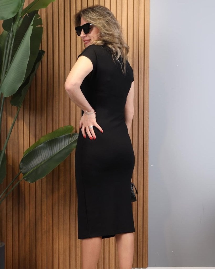 Women's Black Short-Sleeved Collared Midi Dress with Zip Details - Janes - by Peralane - photo 3