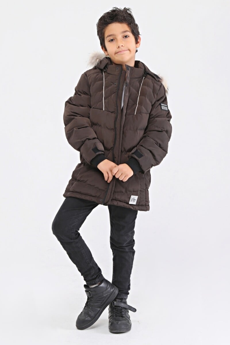 Boys' Dark Brown Puffer Jacket with Faux Fur Trim - 6-16Y - Benitto Kids - by Peralane