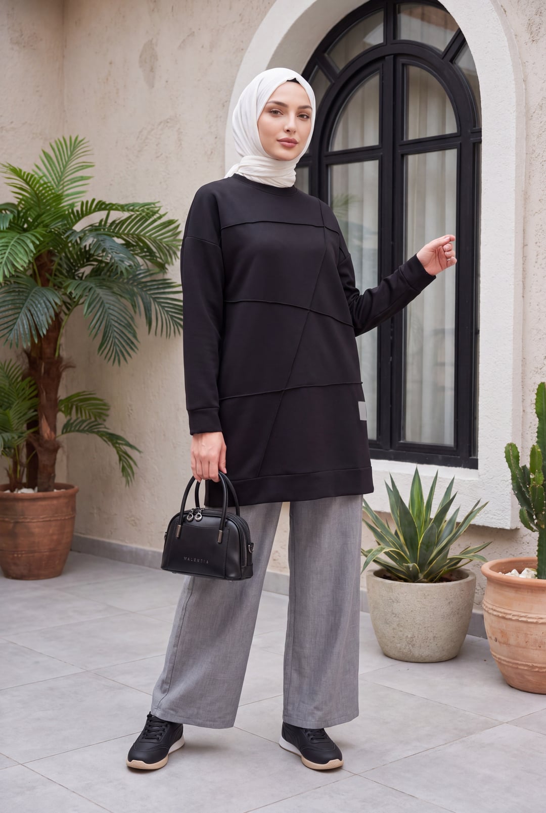 Black Geometric Pattern Crew Neck Tunic - Podyumplus - by Peralane - photo 3