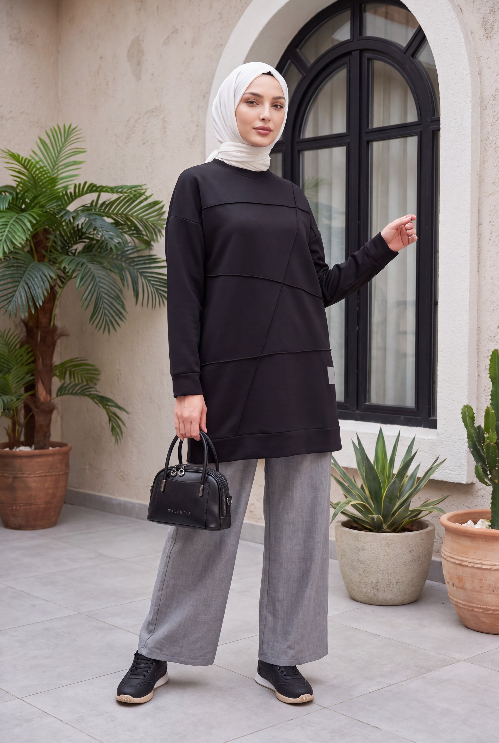 Black Geometric Pattern Crew Neck Tunic - Podyumplus - by Peralane - photo 3