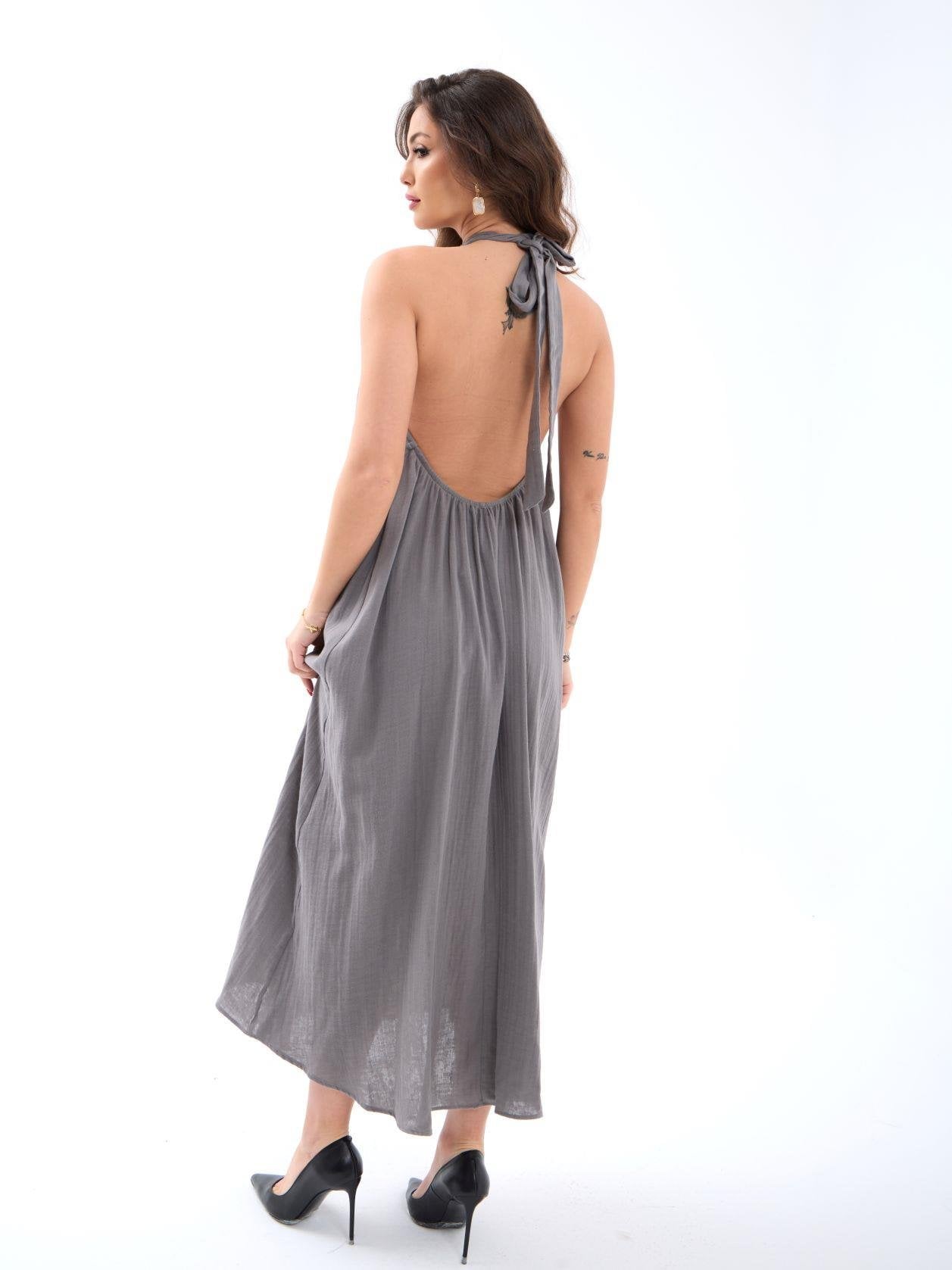 Sleeveless Grey Maxi Dress with High Neckline and Side Pockets - 100% Cotton - Fame - by Peralane - photo 3
