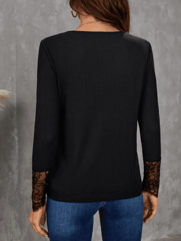 Women's Long Sleeve Round Neck Lace Detail Ribbed Blouse - Janes - by Peralane - photo 2