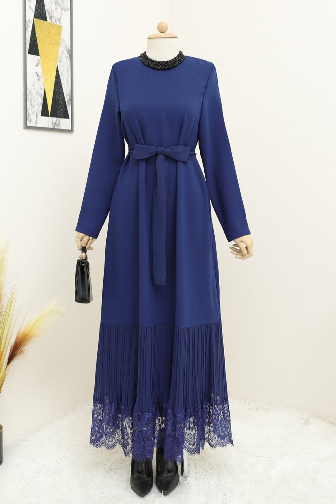Pleated Lace Trim Belted Dress - Indigo - Podyumplus - by Peralane