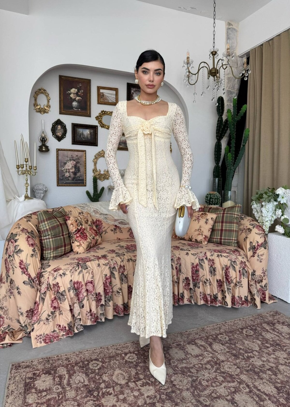 Cesam Lace Dress with Bow and Rose Detail - Beige - Etika - by Peralane - photo 6