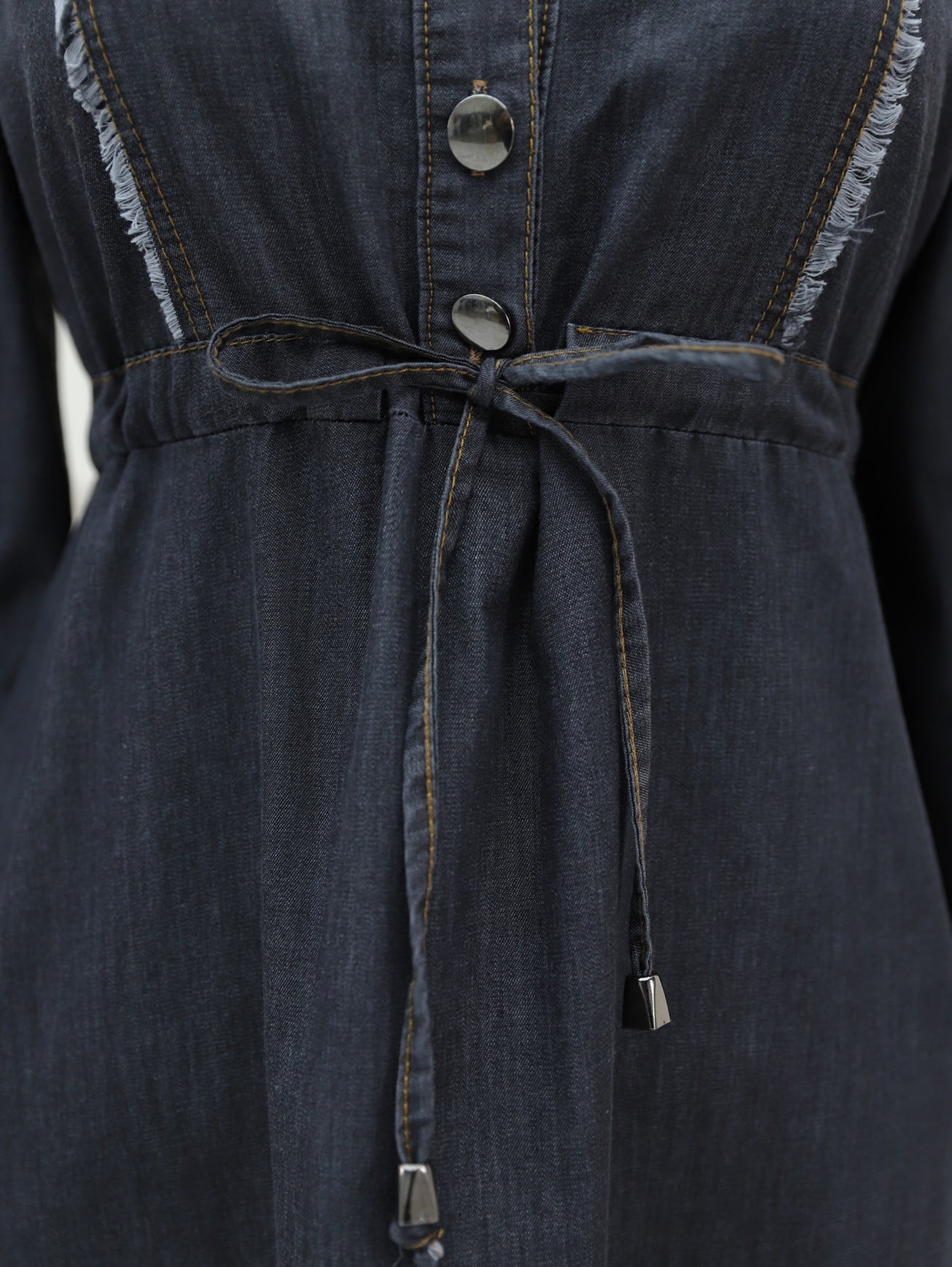Half-Button Denim Dress with Fringe Details and Tunnel Lacing - Black - Podyumplus - by Peralane - photo 3