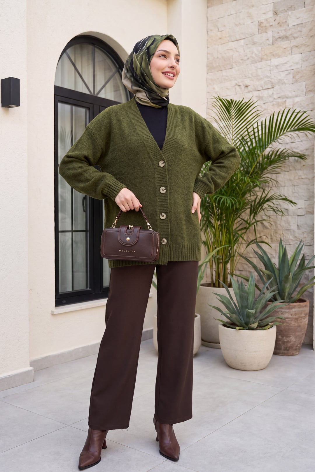 V-Neck Button Front Relaxed Knit Cardigan - Olive - Podyumplus - by Peralane - photo 3