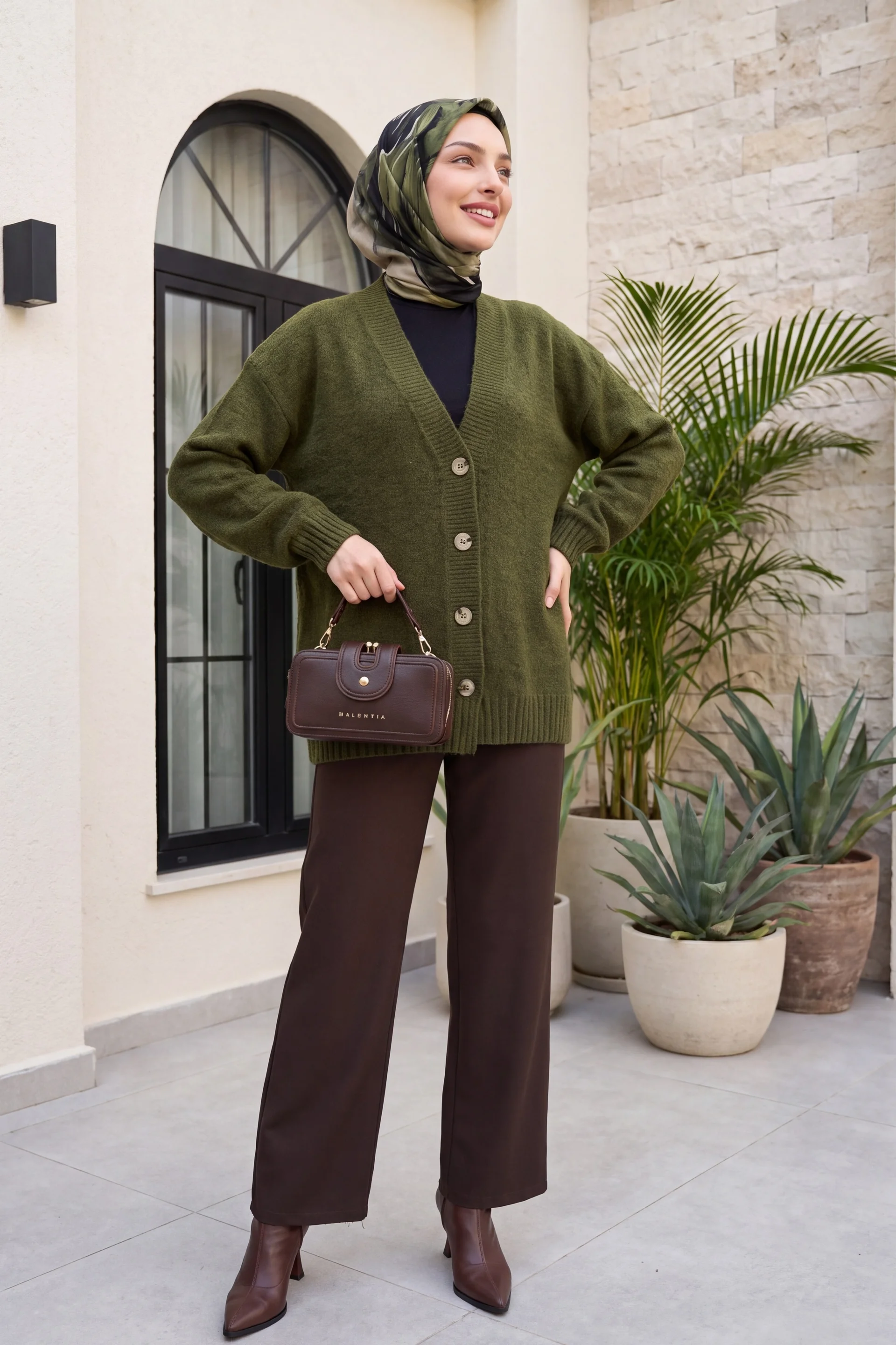 V-Neck Button Front Relaxed Knit Cardigan - Olive - Podyumplus - by Peralane - photo 3