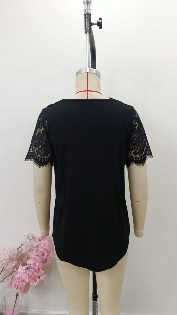 Women's Short Sleeve V-Neck Lace Trim Blouse - Black - Janes - by Peralane - photo 6