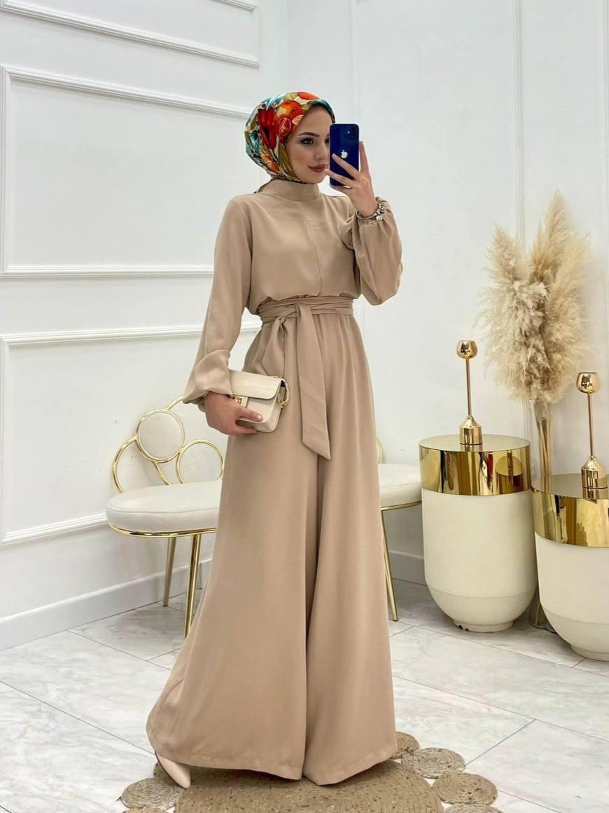 High Neck Belted Rose Print Jumpsuit - Mink - Podyumplus - by Peralane - photo 3