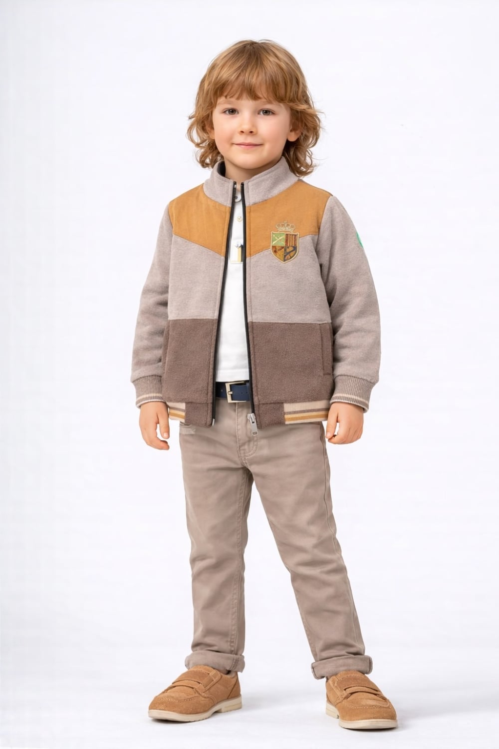 Boys' Colour-Block Bomber Jacket with Embroidered Crest - Beige-Mustard - Has Bereket - by Peralane