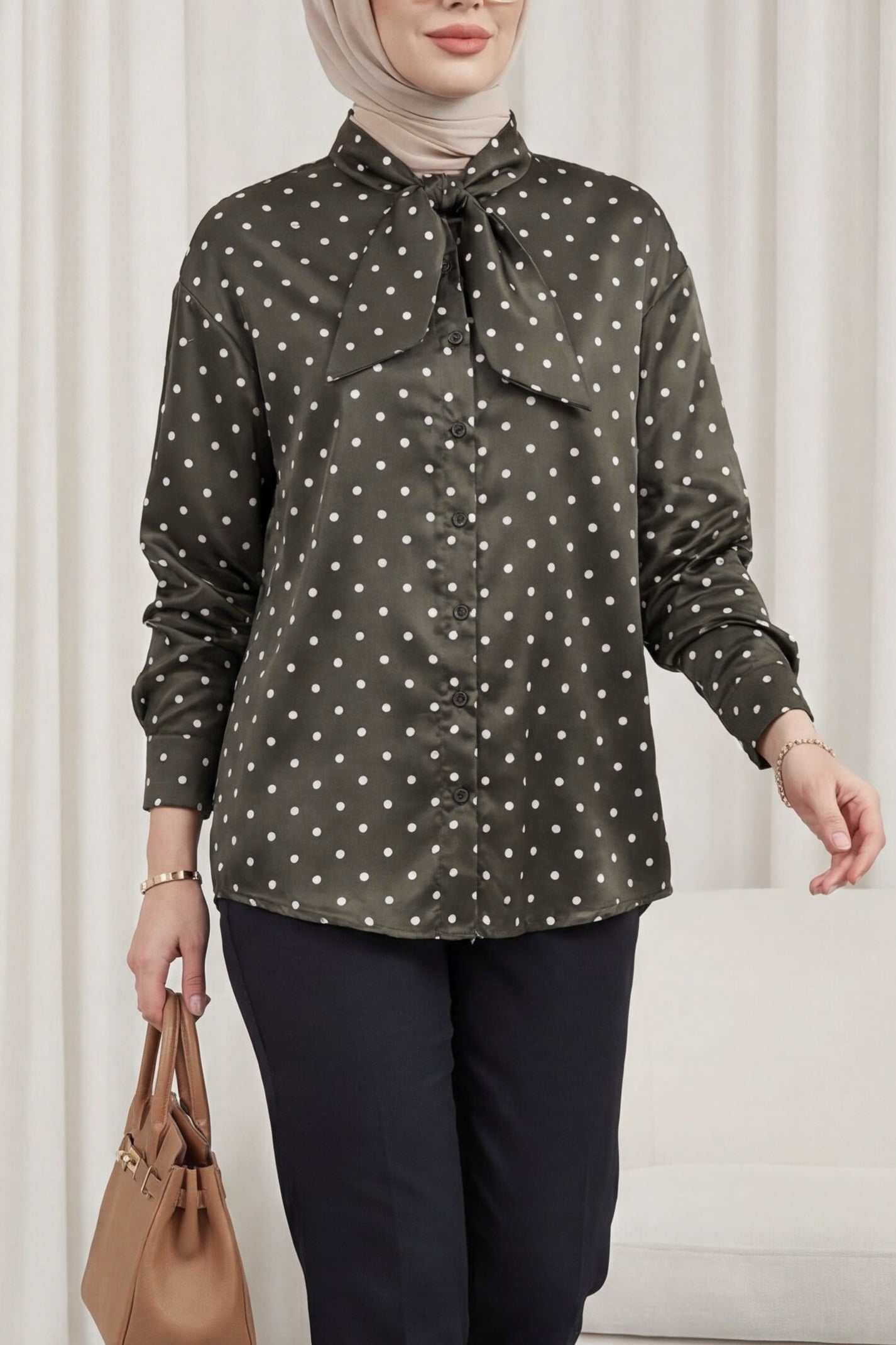 Polka Dot Satin Blouse with Pussy Bow Collar - Dark Brown - Podyumplus - by Peralane - photo 3
