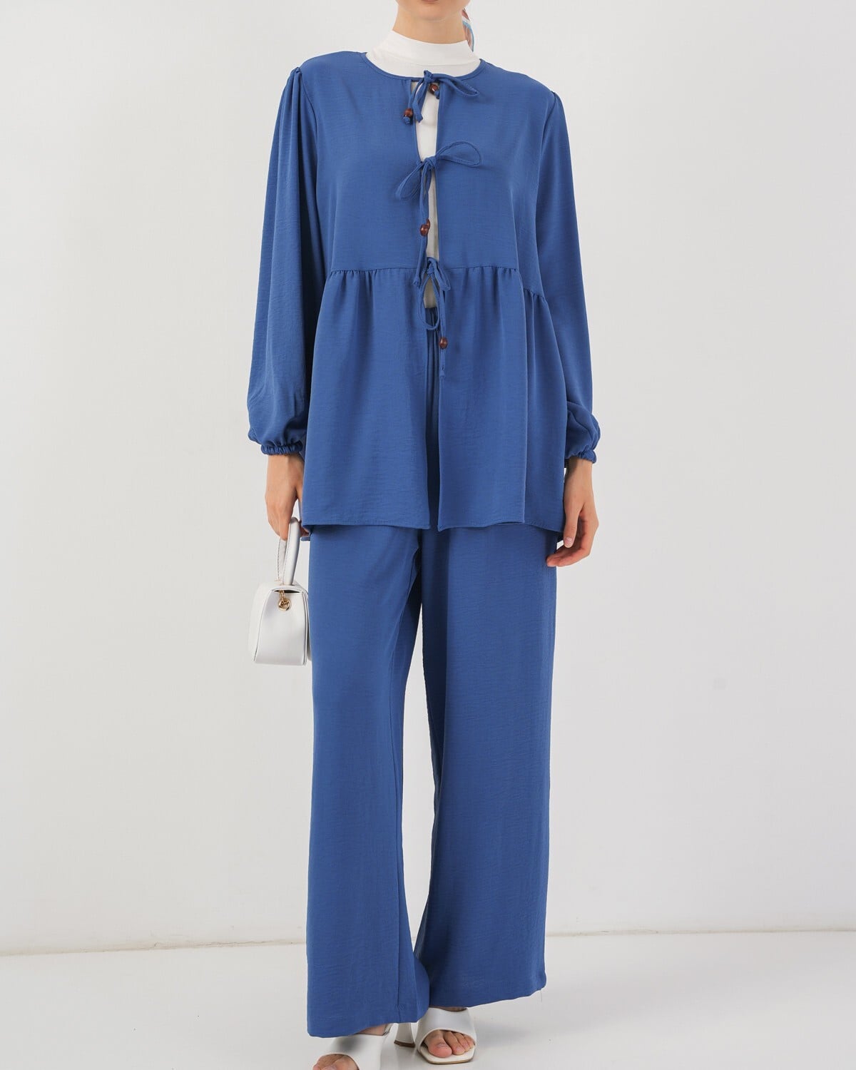 Women's Tie-Front Tunic and Wide-Leg Trousers Two-Piece Set - Indigo - Bigdart - by Peralane - photo 3