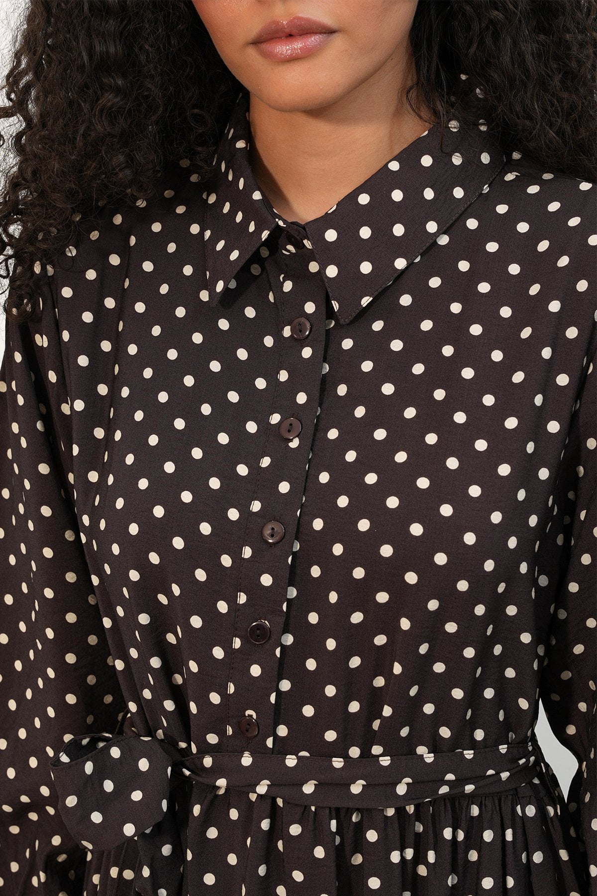 Women's Belted Polka Dot Modest Dress with Ruffled Hem - Dark Brown - Bigdart - by Peralane - photo 4