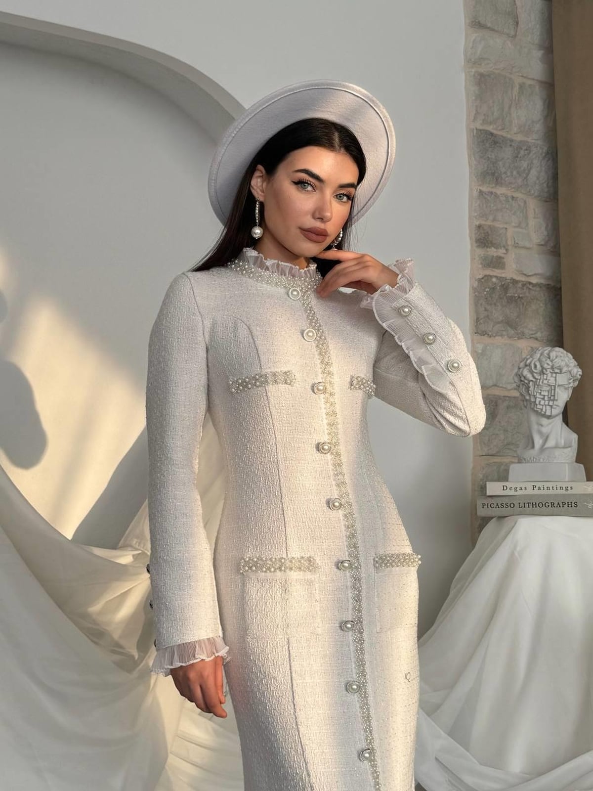 White Pearl-Embellished Tweed Dress with Pocket Details - Etika - by Peralane - photo 7