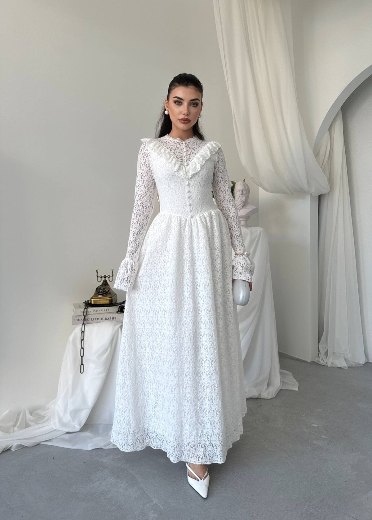 White Lace Midi Dress with Ruffled Neckline and Long Sleeves - Etika - by Peralane - photo 4