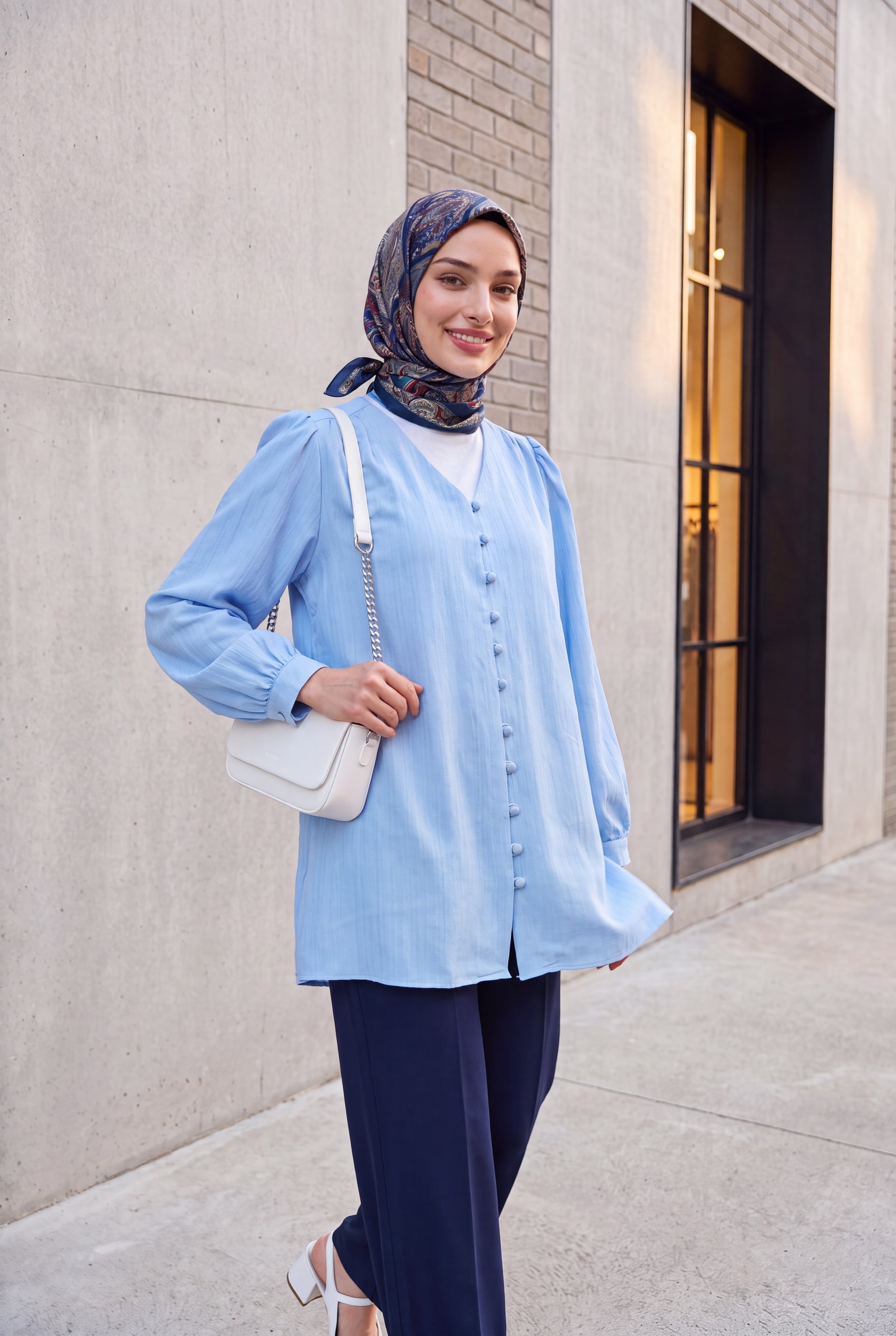Top Button V-Neck Jacquard Crinkle Tunic - Baby Blue - Podyumplus - by Peralane - photo 2