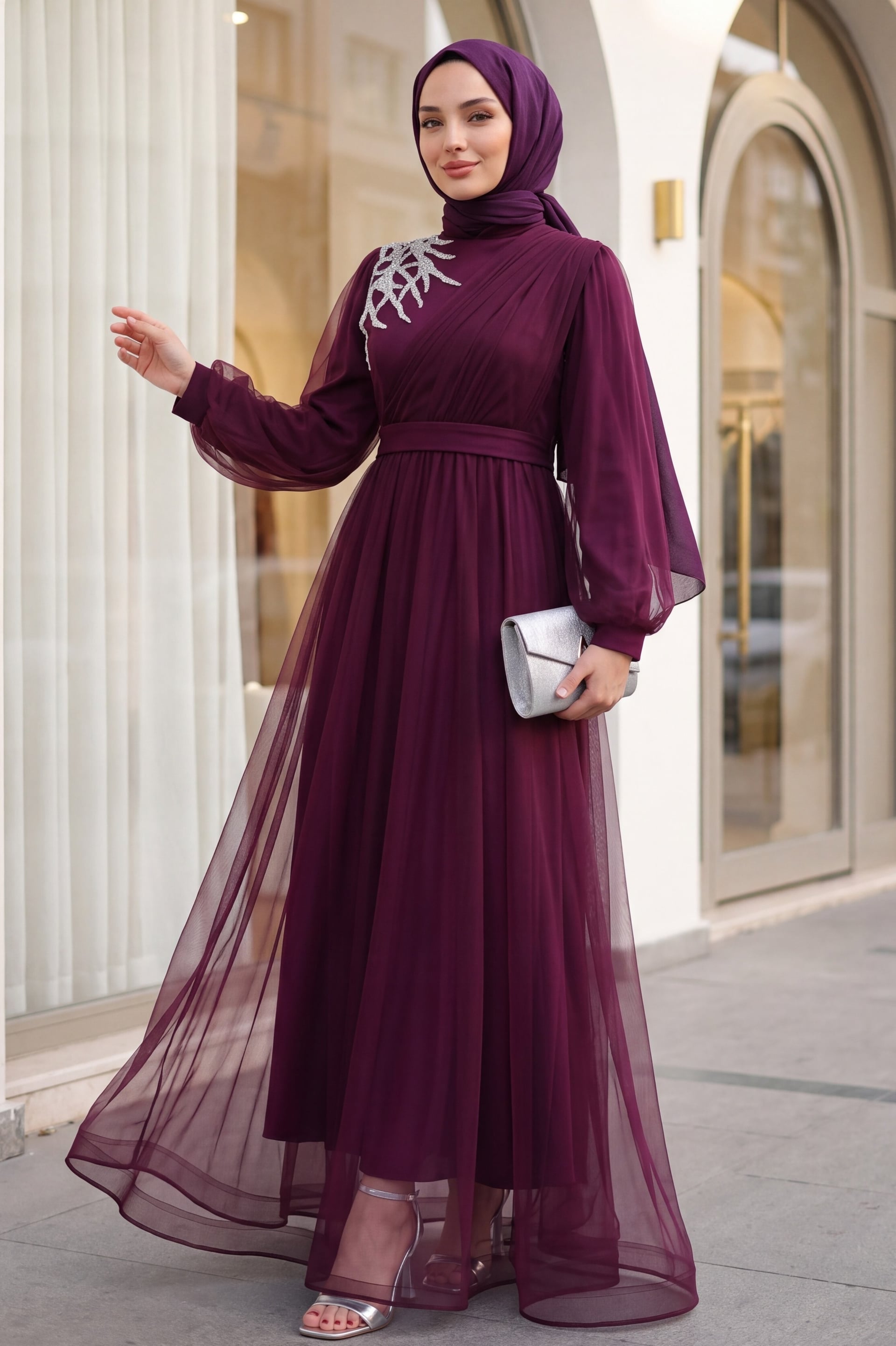 Burgundy Stone-Embellished Draped Belted Tulle Evening Dress - Podyumplus - by Peralane - photo 3