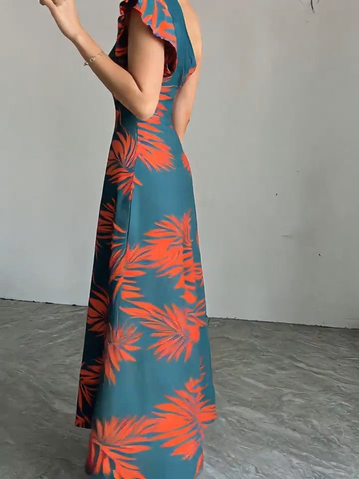 Women's One-Shoulder Maxi Dress with Leaf Print and Side Slit - Janes - by Peralane - photo 9