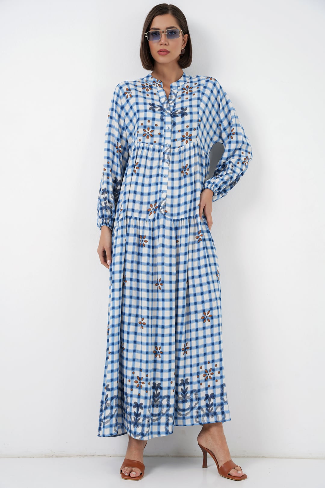 Women's Blue Gingham Print Long Modest Dress - Bigdart - by Peralane - photo 5